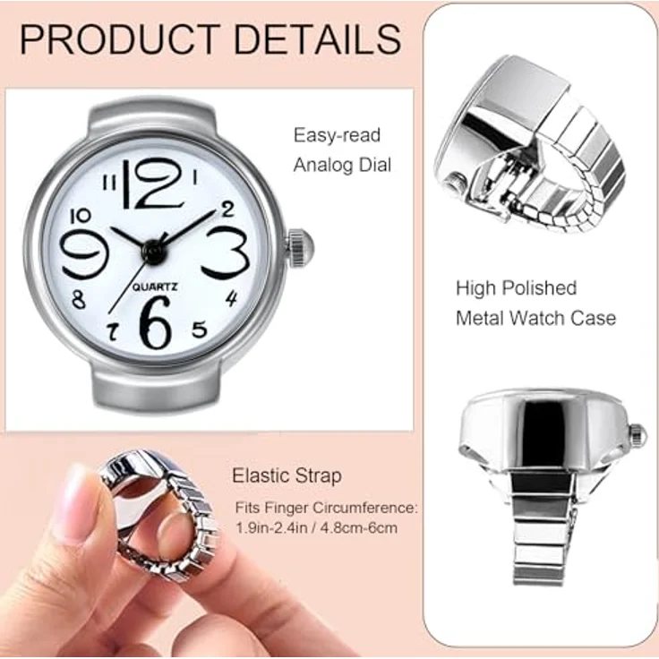 JewelryWe Ringuhr Fingeruhr Herren Damen, rund Analog Quarz, elastisches Legierungsband, Weiß, 0.85" Gehäusedurchmesser – Bild 3