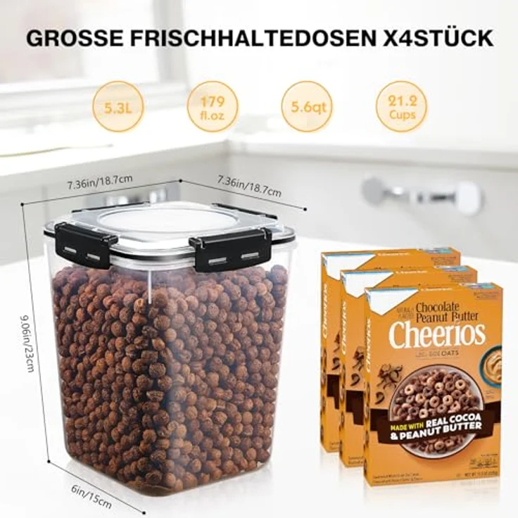YASHE 5,3L Vorratsdosen mit Luftdichtem Deckel, 4er Set Kunststoff Frischhaltedosen mit Silikondichtung und 16 Etiketten – Bild 2