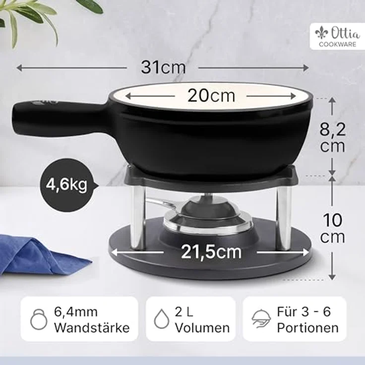 Ottia Fondue Set für 2-6 Personen, Gusseisen & Emaille, induktionsgeeignet, mit Brenner, 6 Gabeln & Rezeptbuch, ideal für Käse-, Fleisch- und Schokofondue – Bild 2