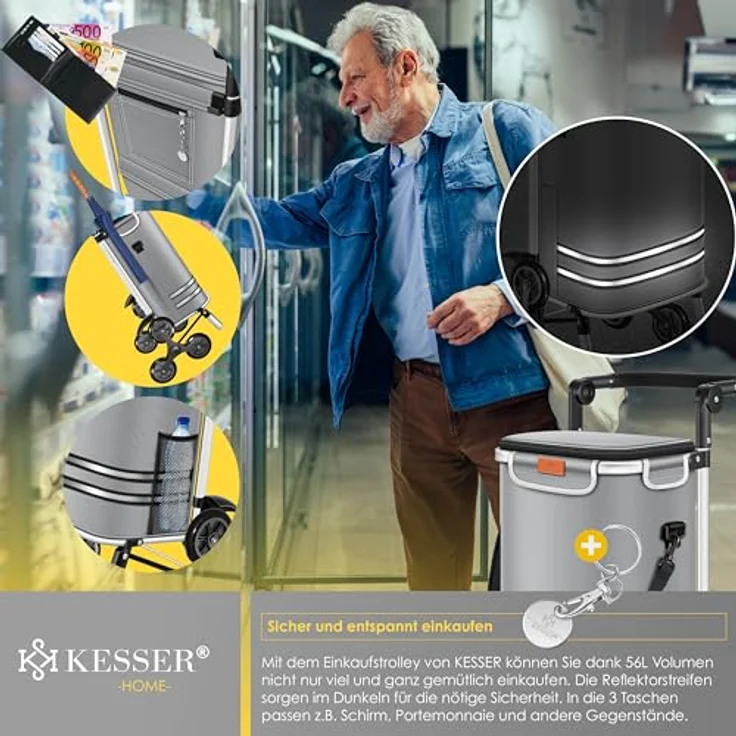 KESSER® Einkaufstrolley Treppensteiger mit Kühlfach, klappbar, 56L Kapazität, bis 50kg belastbar, 3in1 Trolley Sackkarre & Umhängetasche, Grau – Bild 5