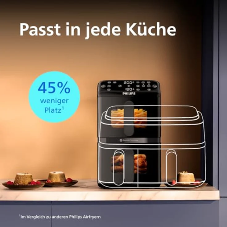 Philips Heißluftfritteuse NA462/70 4000 Series, 10L Dual Basket mit RapidAir Technologie, 2750 W, Schwarz/Dunkelgrau, kupfer Griff – Bild 3