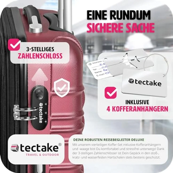 tectake®, 4tlg. Hartschalenkoffer Set, Reisekoffer Set mit Rollen, Hartschale aus ABS, Koffer Set mit Teleskopgriff und Schloss, inkl. Kofferwaage und Kofferanhänge, Trolley Größen S-M-L-XL - weinrot – Bild 5