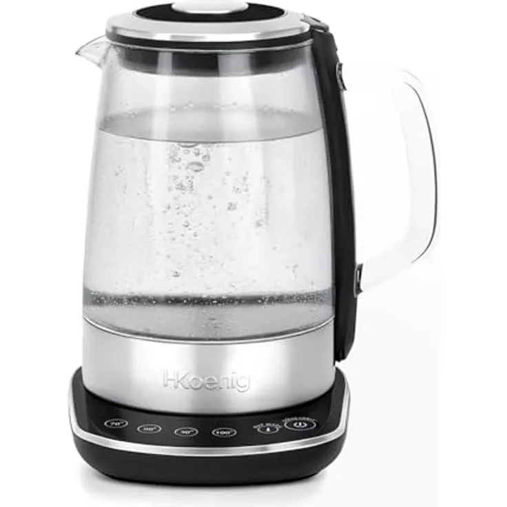 H.Koenig BO600 Elektrischer Wasserkocher, 1,5 L, Glas und Edelstahl, 4 Temperatureinstellungen (70-100 °C), Warmhaltefunktion, 2200 W