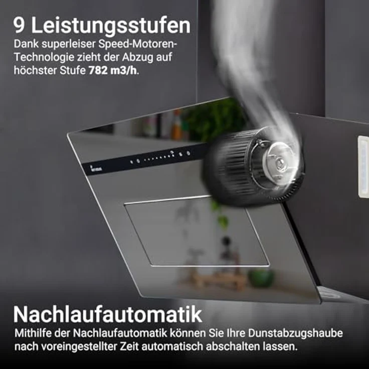KKT KOLBE PLOOM6005M, Dunstabzugshaube 60 cm, A+++ Umluft/Abluft, 782 cbm/h, Schwarz Glas Spiegel, Nachlaufautomatik, Smart WiFi App, SensorTouch, RGBW LED-Beleuchtung – Bild 5