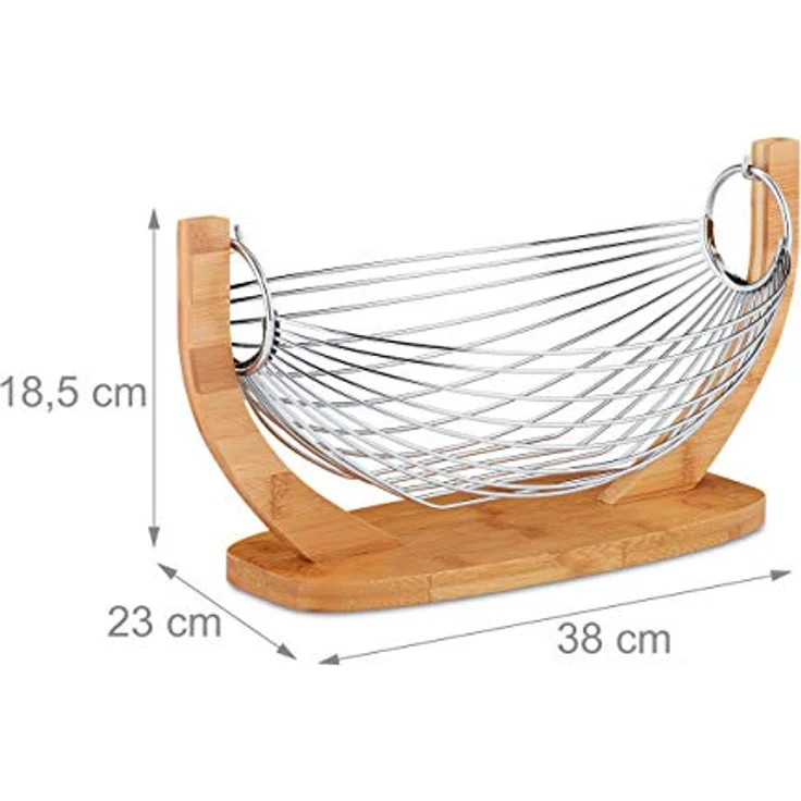 Relaxdays Obsthängematte, Bambus und Edelstahl, Gitter Design, Deko Obstschale, HxBxT: 18, 5 x 38 x 23 cm, natur/silber – Bild 4