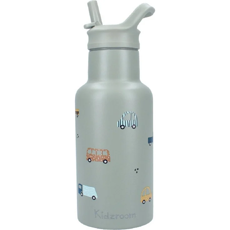 Kidzroom Trinkflasche Edelstahl 350 ml, grün mit Autoaufdruck und Strohhalm, isoliert bis 45 Grad