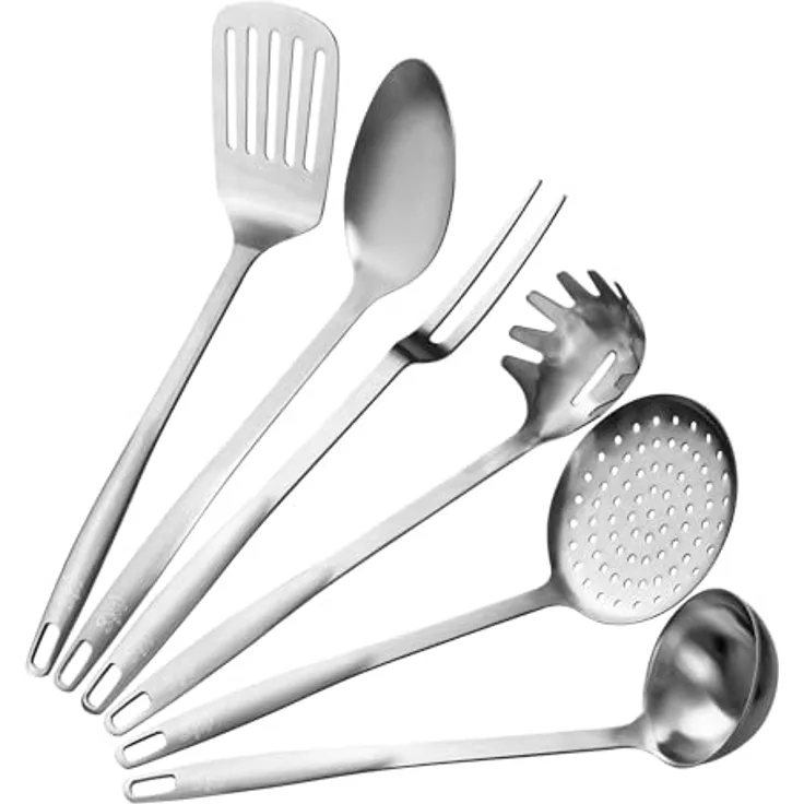 Stanley Rogers Küchenhelfer 6er Set Edelstahl – 6-teiliges Kochbesteck mit Abseihlöffel, Fleischgabel, Schlitzwender, Schöpflöffel, Spaghettilöffel & Vorlegelöffel, Silber