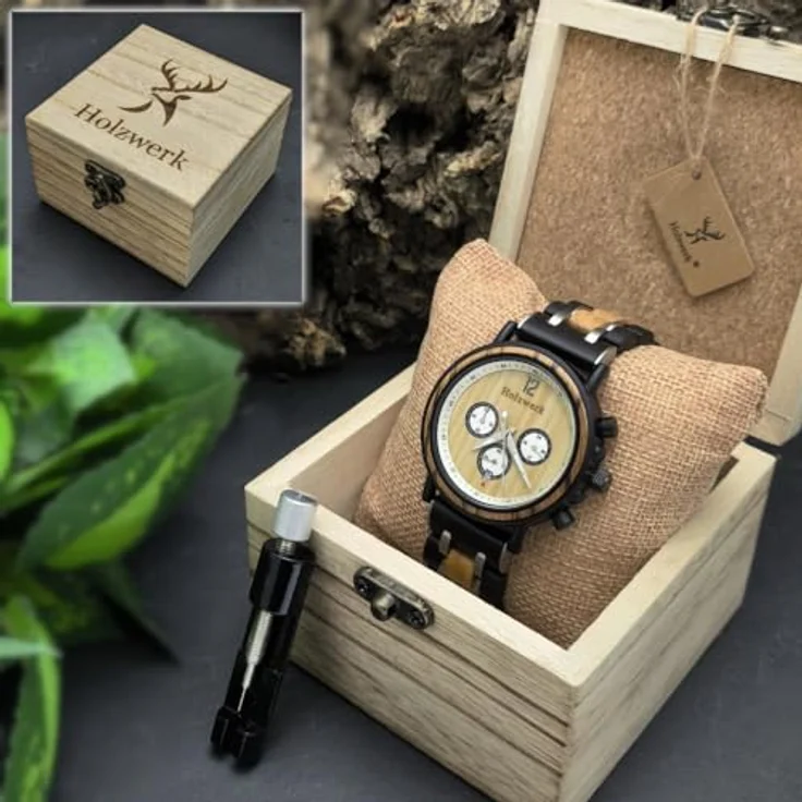Holzwerk Chronograph DETMOLD Herren Holz Armband Uhr mit Datum, Schwarz/Beige/Silber, 3 Chronographen, Edelstahl/Holz, Japanisches Quarzwerk – Bild 6
