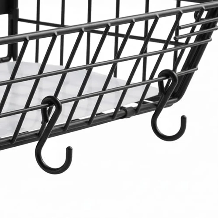 Relaxdays Obstkorb Wandregal 2er Set, magnetischer Küchenorganizer aus Metall, HBT: 30x35,5x21 cm, schwarz/Natur mit 4 Haken für Küchenutensilien – Bild 5