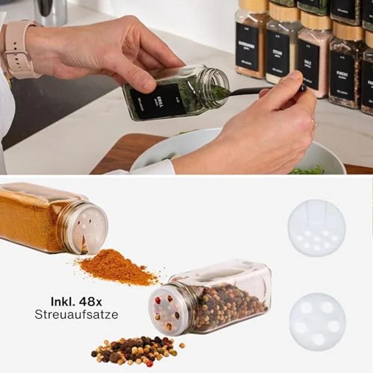 Deco haus® Gewürzgläser eckig, 24er Set mit Schraubkappen, lebensmittelecht, luftdicht, inkl. Etiketten & Streueinsatz – Bild 5