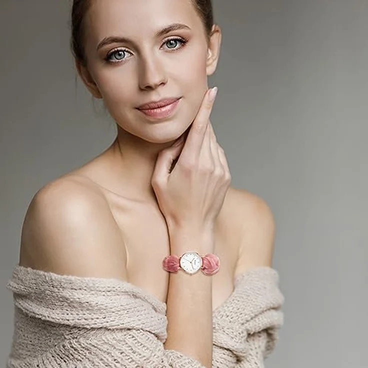JewelryWe Damen Elastisch Haarband Uhr - Einfache Analog Quarz Armbanduhr mit Rosa Haargummi und großem Zifferblatt – Bild 2