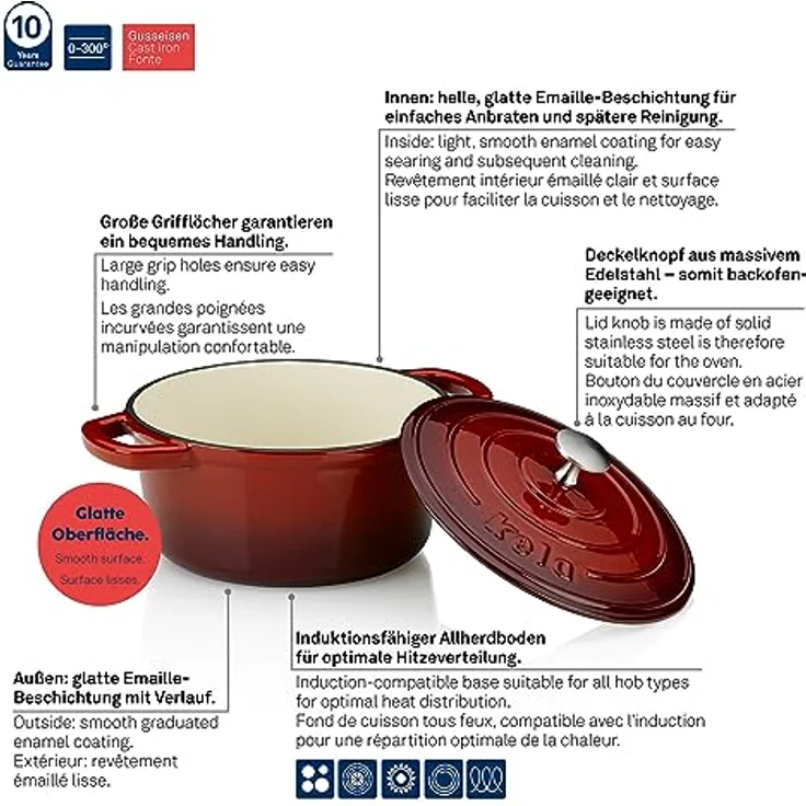 Kela 11940 Bräter mit Deckel, Gusseisen, le-Beschichtung, Hohe Wärmespeicherung, Induktionsgeeignet, 2,5 L, Rot, Rund, Calido – Bild 5