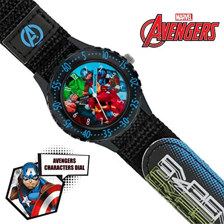 Avengers Marvel Jungen Analog Quarz Armbanduhr AVG5008 mit Zifferblatt im Avengers-Design, schwarzes Stoffarmband mit Klettverschluss – Bild 2