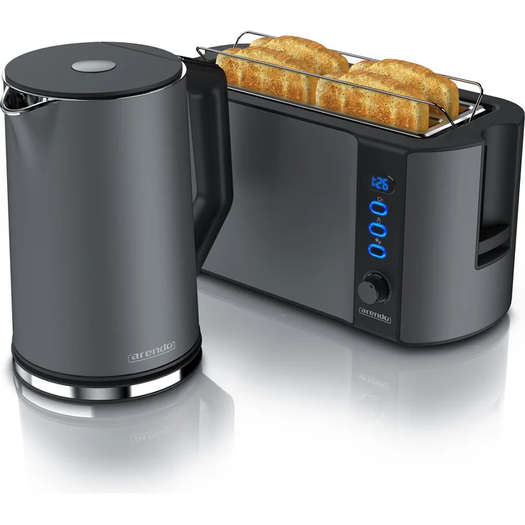 Arendo Frühstücks Set, Edelstahl Wasserkocher 1,5l Temperaturwahl & 4 Scheiben Langschlitz Toaster, Grau, Toaster, Grau