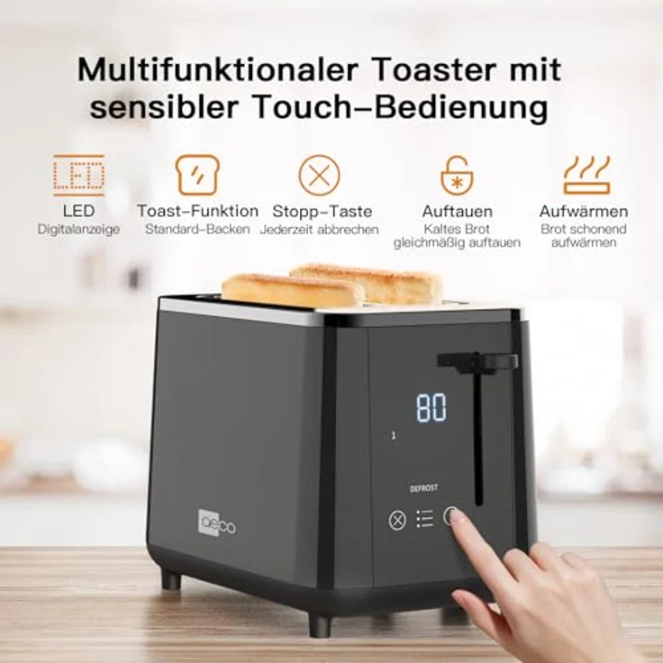 aeco toastlab PRO Toaster 2 Scheiben, Edelstahl schwarz, mit LED-Touch, 6 Bräunungsstufen, extra breite Schlitze, Auftau- & Aufwärmfunktion, 920W, Liftfunktion, Krümelfach, Abschaltautomatik – Bild 3