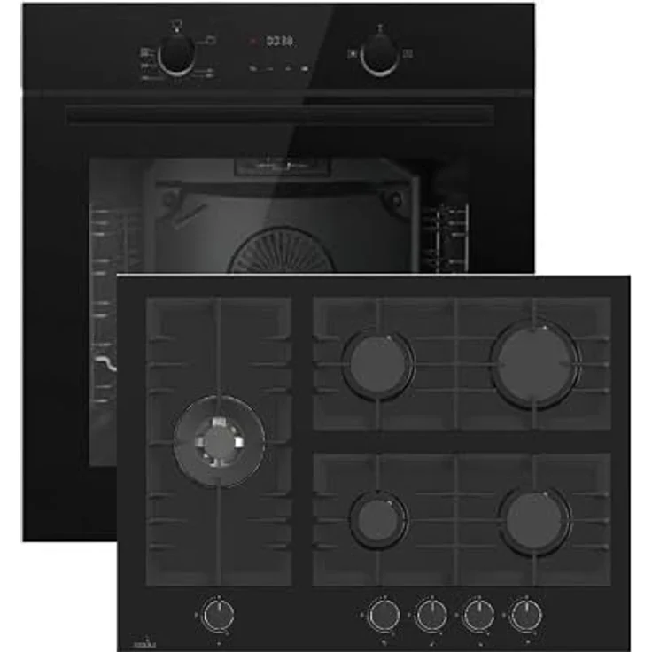Gasline Herdset GB850-FIB, Gasbackofen 69L mit Umluft und Digitaltimer + 70cm Gaskochfeld GAG70GLG aus schwarzer Glaskeramik, inkl. 5 Gasbrennern und Wokbrenner – Bild 1
