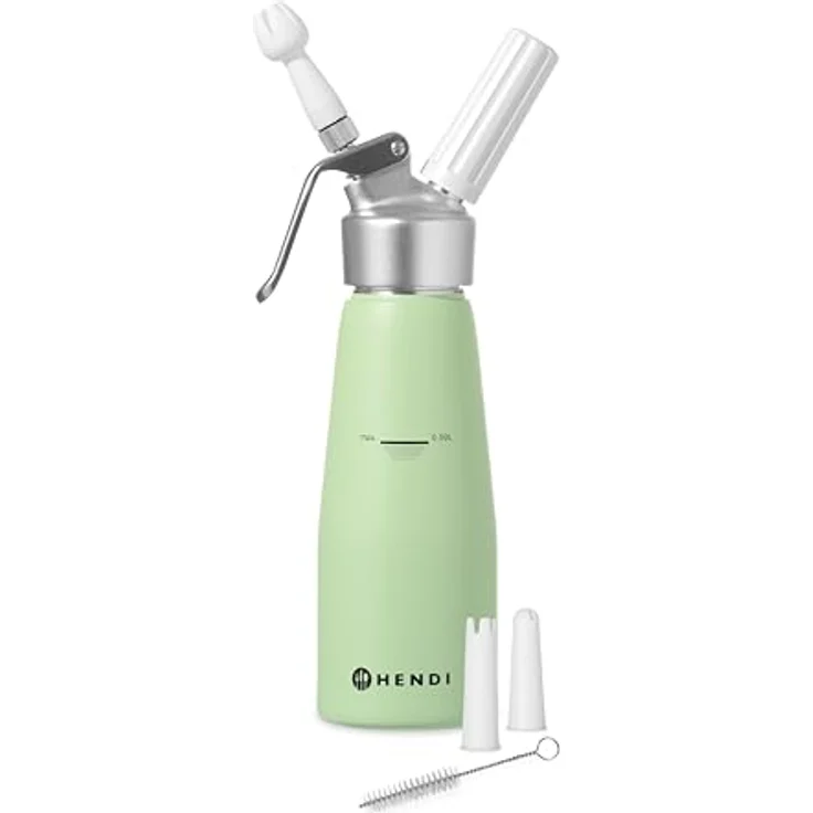 HENDI Sahnespender 0,5L aus Aluminium, inkl. 3 Polypropylen Spritztüllen und Reinigungsbürste, Pastellgrün, für Sahne, Mousses und Desserts – Bild 2