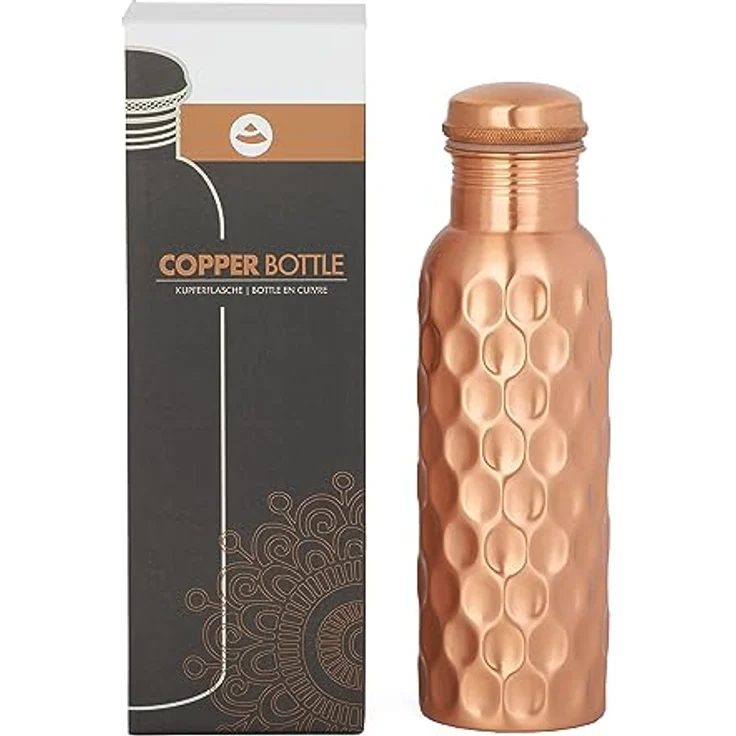 Bodhi Kupferflasche | Ayurveda Trinkflasche aus reinem Kupfer | Flasche mit Design Veredelung | Volumen: 800 ml | Wasserflasche mit Drehverschluss & Silikon-Dichtung | Diamant-Design, gehämmert – Bild 5