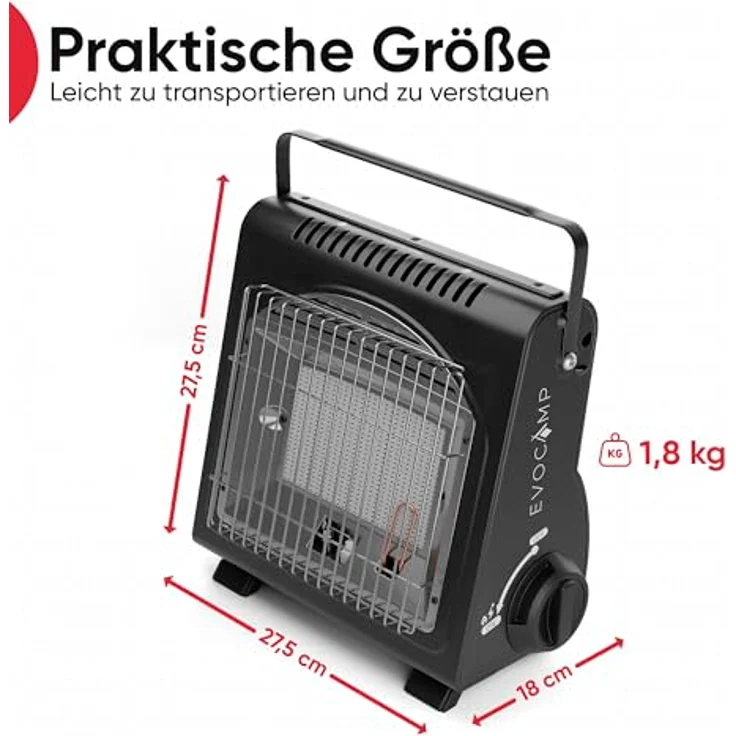 EVOCAMP Heizgerät mit Piezozündung, tragbar, 1,7 kW für Camping, Sauerstoffmangelsicherung, für Gaskartuschen MSF-1A – Bild 6