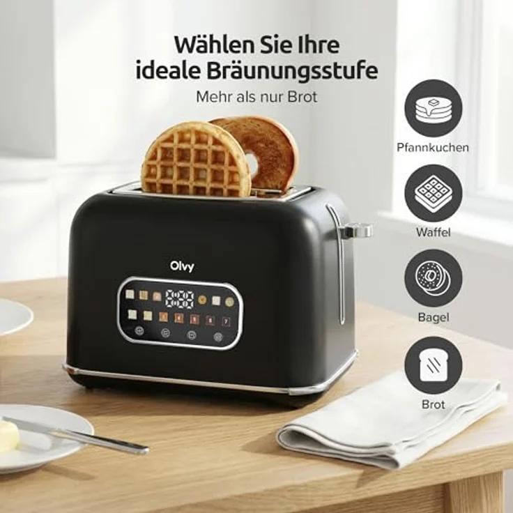 Olvy Premium Toaster mit LCD-Display, 900W, 7 Bräunungsstufen, extra breite Schlitze, Auftau- & Aufwärmfunktion, schwarz – Bild 4