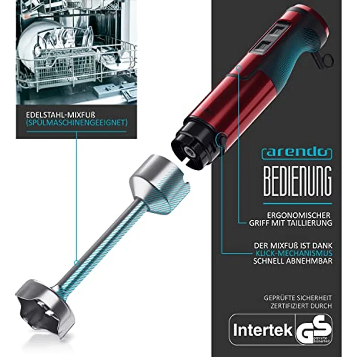 Arendo Stabmixer 1000 Watt, Edelstahl, vierflügeliges Messer, stufenlose Geschwindigkeitsregelung, rubinrot – Bild 4