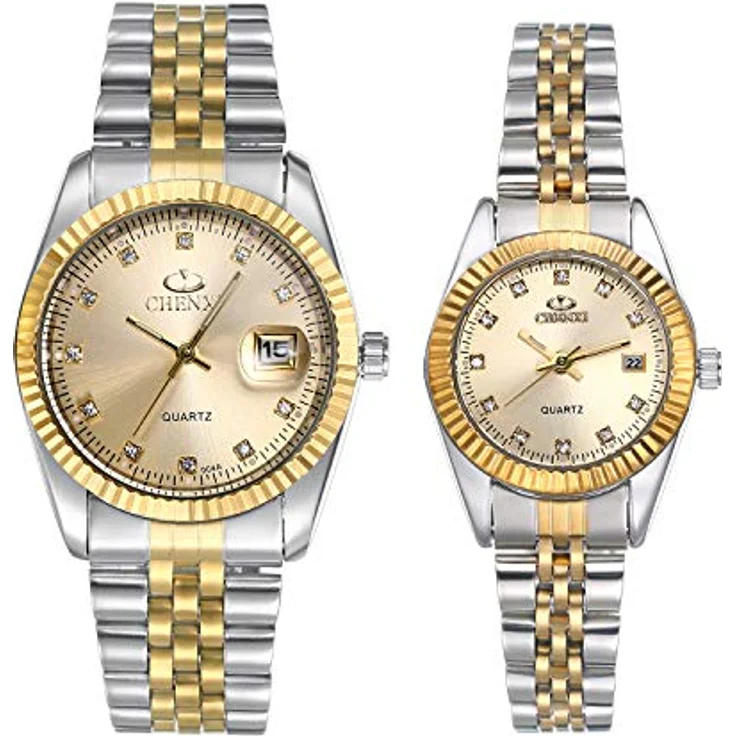 JewelryWe 2pcs Paar Uhr Analog Quarz mit Gold Strass Zifferblatt, 30M wasserdicht, Edelstahlarmband für Herren und Damen – Bild 1