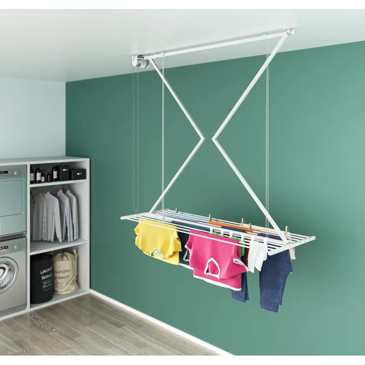 Foxydry Mini, Deckenmontierter Wäscheständer in Weiß, höhenverstellbar bis 1,80 m, platzsparend für Innen- und Außenbereiche, 10 kg Tragkraft
