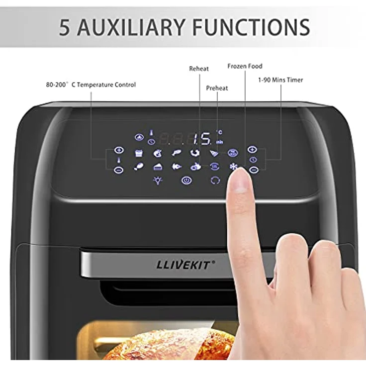LLIVEKIT Heißluftfritteuse Heißluft-Backofen 12L, Mini-Backofen 1800W mit 6 Zubehör & Rezeptbuch, 12 in 1 Heissluftfritteuse mit digitalen LED-Display, Obst Dehydrator, Barbecue, Air Fryer ohne Öl – Bild 2