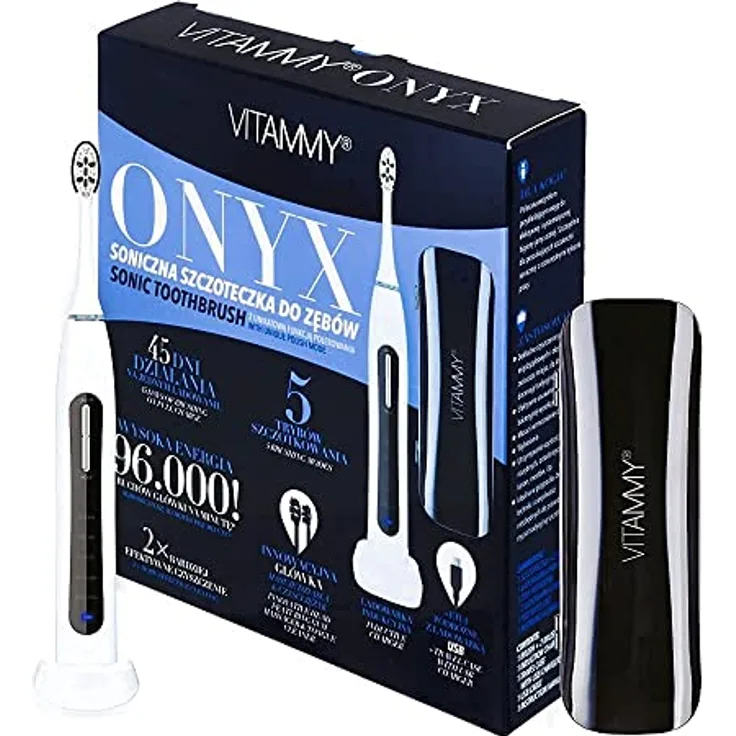 Vitammy Onyx Schallzahnbürste mit Polierfunktion, Weiß - 2x effizientere Reinigung, praktisches Etui, 3 Jahre Garantie