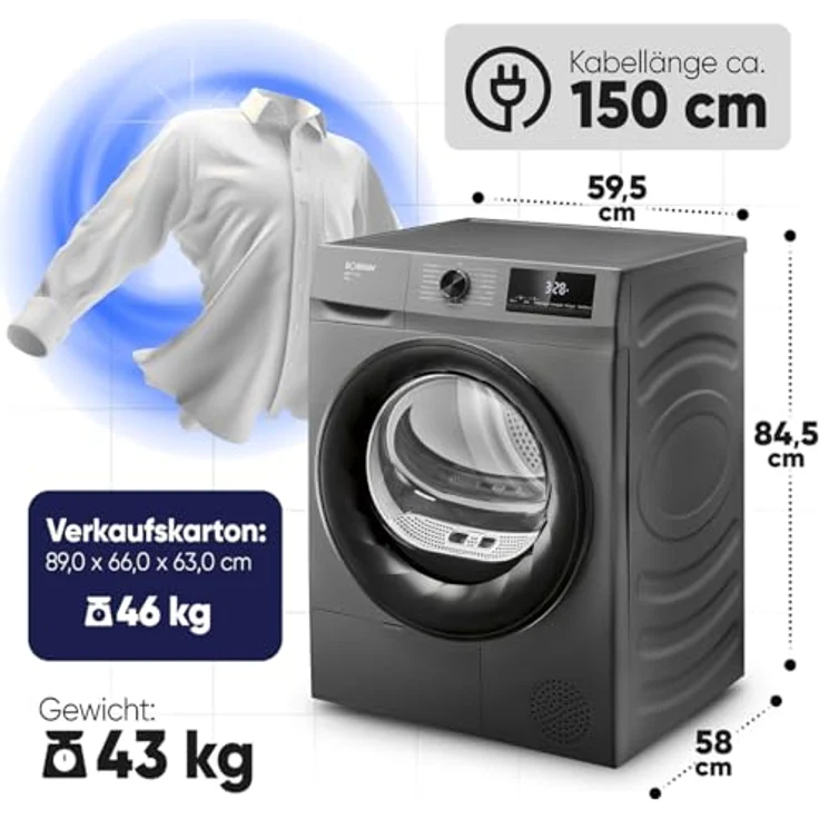 Bomann® WPT 7154 Wärmepumpentrockner 8kg, 15 Programme, Antiknitterfunktion, LED Display, titan, kein Wasseranschluss nötig – Bild 7
