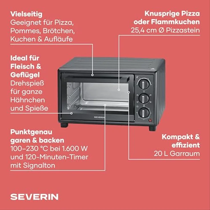 Severin Back- und Toastofen TO 2079, 20L, bis 230°C, Umluft-Funktion, inkl. Pizzastein, Drehspieß und Timer, schwarz – Bild 2