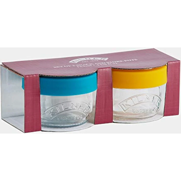 KILNER Snackgläser 125ml 2er Set, luftdicht mit bunten Silikondeckeln in Blau und Gelb, ideal für Obst und Gemüse – Bild 3