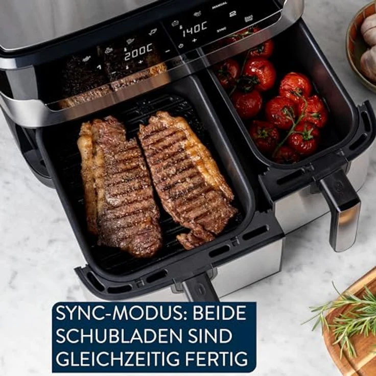 Jamie Oliver by Tefal Dual Drawer Heißluftfritteuse EY90JDE1, Doppelkammer mit 2 unabhängigen Garzonen, 8 automatische Programme, 8,3 L Gesamtfüllmenge, Schwarz/Edelstahl – Bild 4