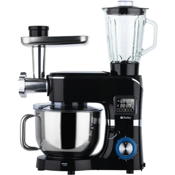 RUHHY Küchenmaschine mit beheizbarer Rührschüssel 6,2L & Mixer, 2000W Planetenrührgerät mit Waage, 6 Geschwindigkeiten & Touchdisplay – Teigknetmaschine für Brot, Pizza, Kuchen, Pasta & Smoothies