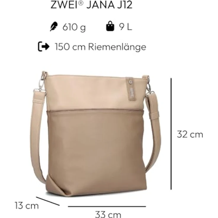 ZWEI Beuteltasche Jana J12, Kunstleder Umhängetasche mit geräumigem Hauptfach und herausnehmbarem Reißverschlussetui, braun – Bild 2