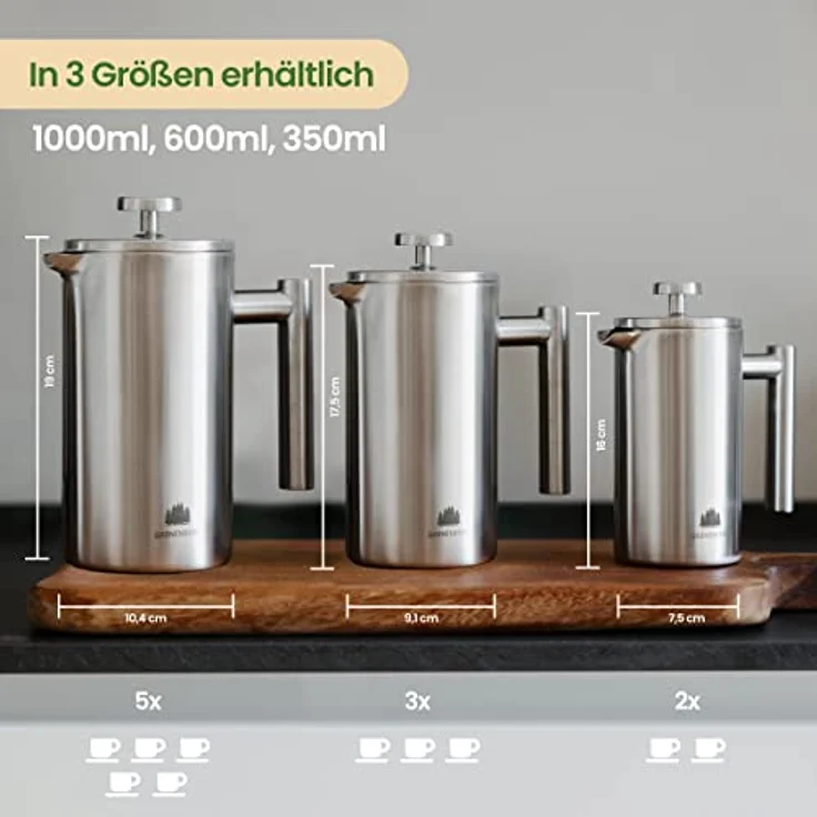 Groenenberg French Press aus Edelstahl | 1 Liter (5 Tassen) | Erhältlich in 3 Größen | Thermo Kaffeebereiter doppelwandig isoliert | Kaffeepresse inkl. Ersatzfiltern & Anleitung | Coffee Press – Bild 5