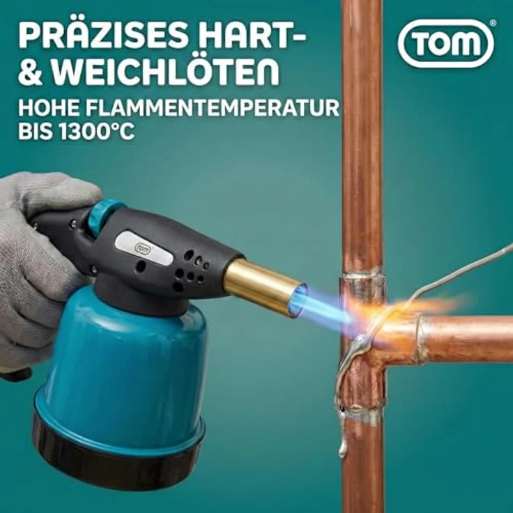 TOM GB-190 Lötbrenner, leistungsstarker Flambierbrenner mit 1300°C, Piezozündung, 1300W, inkl. optional 4x 190g Gaskartuschen – Bild 4