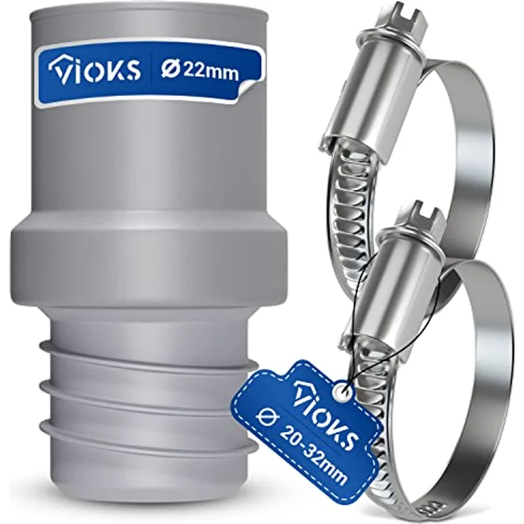 VIOKS Set 2x Schlauchschellen Edelstahl 20-32mm & Waschmaschine Abfluss Adapter 22mmØ für 22mmØ - Spülmaschine Ablaufschlauch Endstück Verbinder - Rostfreie Schellen, hochwertiger Verbinder aus Kunststoff & Gummi – Bild 1