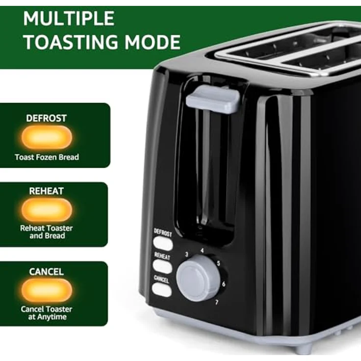 Aigostar Toaster, 750W Sandwichtoaster mit 7 Bräunungsstufen, Auftau- & Aufwärmfunktion, 2 breite Toastschlitze, schwarz – Bild 5