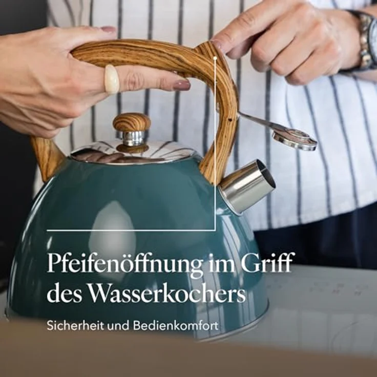 FLORINA Wasserkessel FRANK, 2,5 l Edelstahl Teekessel mit Holzgriff, flötender Wasserkocher für Induktions-, Gas- und Elektroherd, dunkelgrün matt – Bild 5
