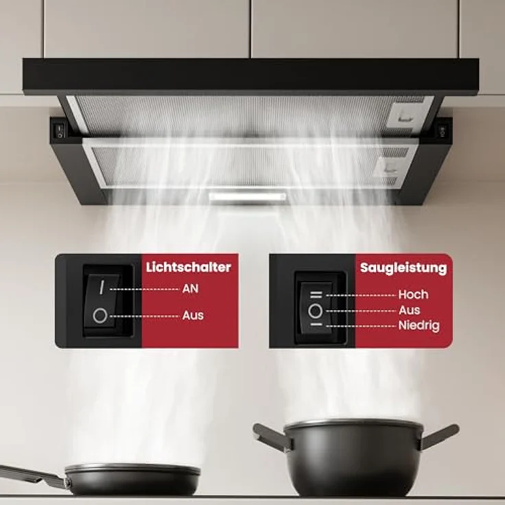 LEVIVO A+++ Flachschirmhaube 60cm, Dunstabzugshaube für Umluft & Abluft mit 400 m³/h, 2 Aktivkohlefiltern, 2 Fettfiltern, 2 Stufen, LED-Licht, Schwarz – Bild 3