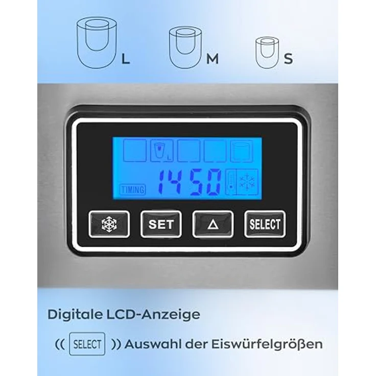 HEINRICHS Eiswürfelmaschine, Eiswürfelbereiter mit Timer, 3 einstellbare Eiswürfelgrößen, LCD-Display, 2,2 Liter Wassertank, Selbstreinigungsfunktion, Edelstahl, 120 W Leistung Heinrich´s – Bild 4