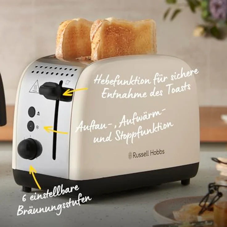 Russell Hobbs Colours Plus Jasmine Toaster für 2 Scheiben, 6 Bräunungsstufen, breite Toastschlitze, Schnell-Toast, Hebefunktion, Brötchenaufsatz, Aufwärm-, Auftau- & Stoppfunktion, 1100W, 26930-56 – Bild 2