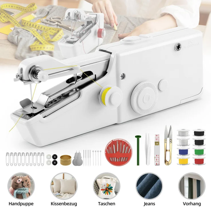 Bundviel Mini Elektrische Nähmaschine, Tragbare Handnähmaschine mit Nähzubehör für Leder, Stoffe und Kleidung, Weiß