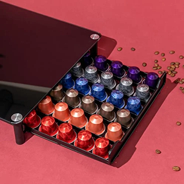 bremermann Kaffeekapsel-Box für 60x Nespresso, Schubladenbox aus Metall mit Glasplatte, Kapselspender in Schwarz, ca. 31 x 7 x 40,5 cm – Bild 4