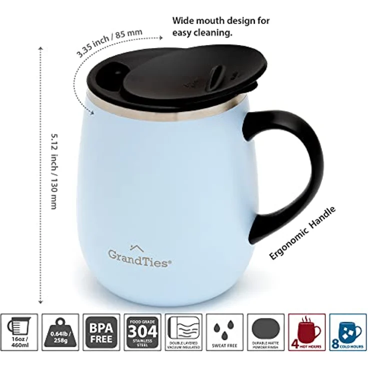 GRANDTIES Isolierter Kaffeebecher mit Griff – Schiebedeckel für spritzwassergeschützte 473 ml -Form Thermosbecher mit doppelwandigem Vakuum-Edelstahl, hält Getränke heiß & kalt – Glacier Lake – Bild 4