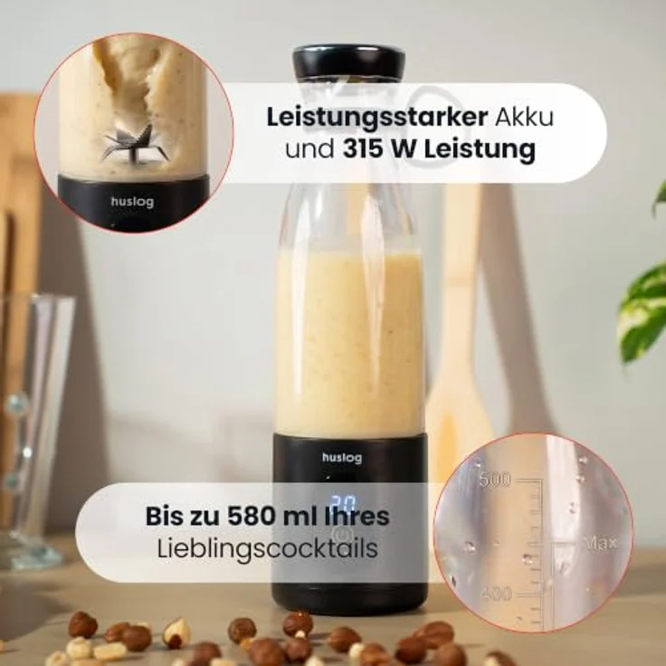 Huslog Tragbarer Kabelloser Standmixer To Go, 315W, 580 ml, USB-C, Schwarz, mit Edelstahlklingen – Bild 2