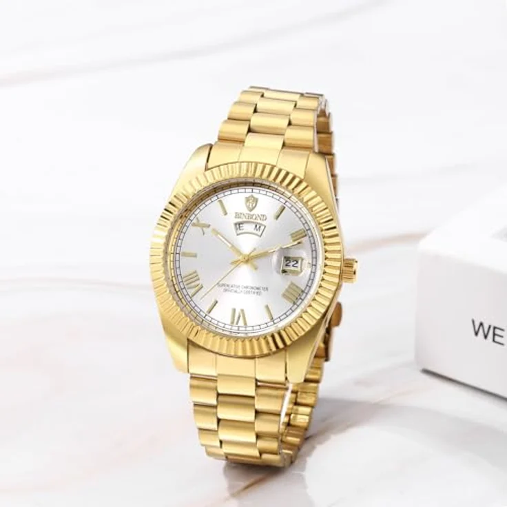 JewelryWe Herrenuhr Edelstahl Analog Quarz mit 30m Wasserdichtigkeit, Leuchtzeigern und römischen Ziffern, Gold Armband – Bild 2