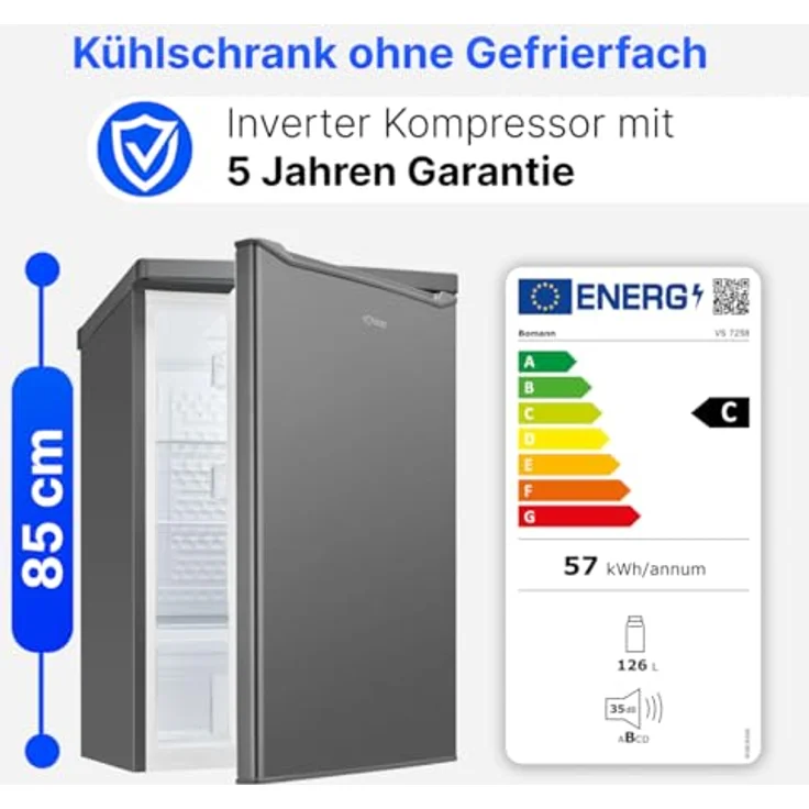 Bomann® VS 7258 inox, Kühlschrank ohne Gefrierfach, 126L, leise mit LED-Innenraumbeleuchtung und stufenloser Temperaturregelung, 85cm – Bild 3