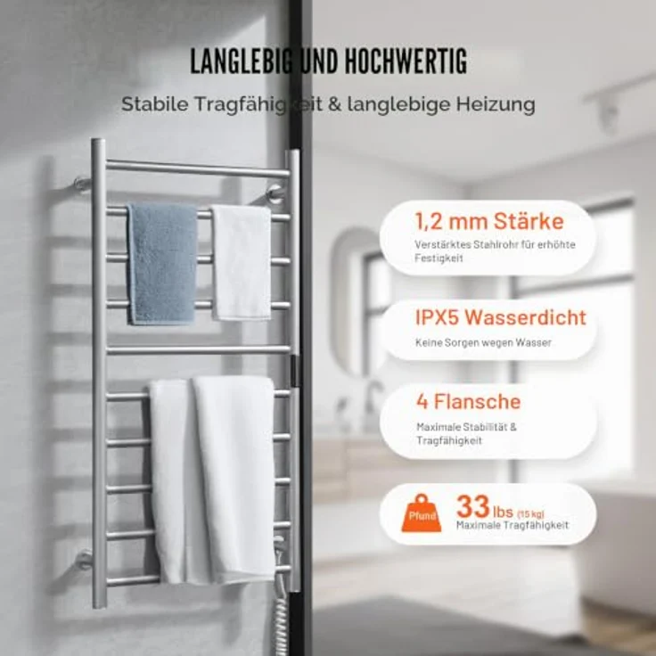VEVOR Handtuchtrockner Heizkörper, 10 Stangen Handtuchwärmer mit Timer und LED-Anzeige, 5 Temperaturstufen, wasserdicht, Wandmontage, Silber – Bild 4
